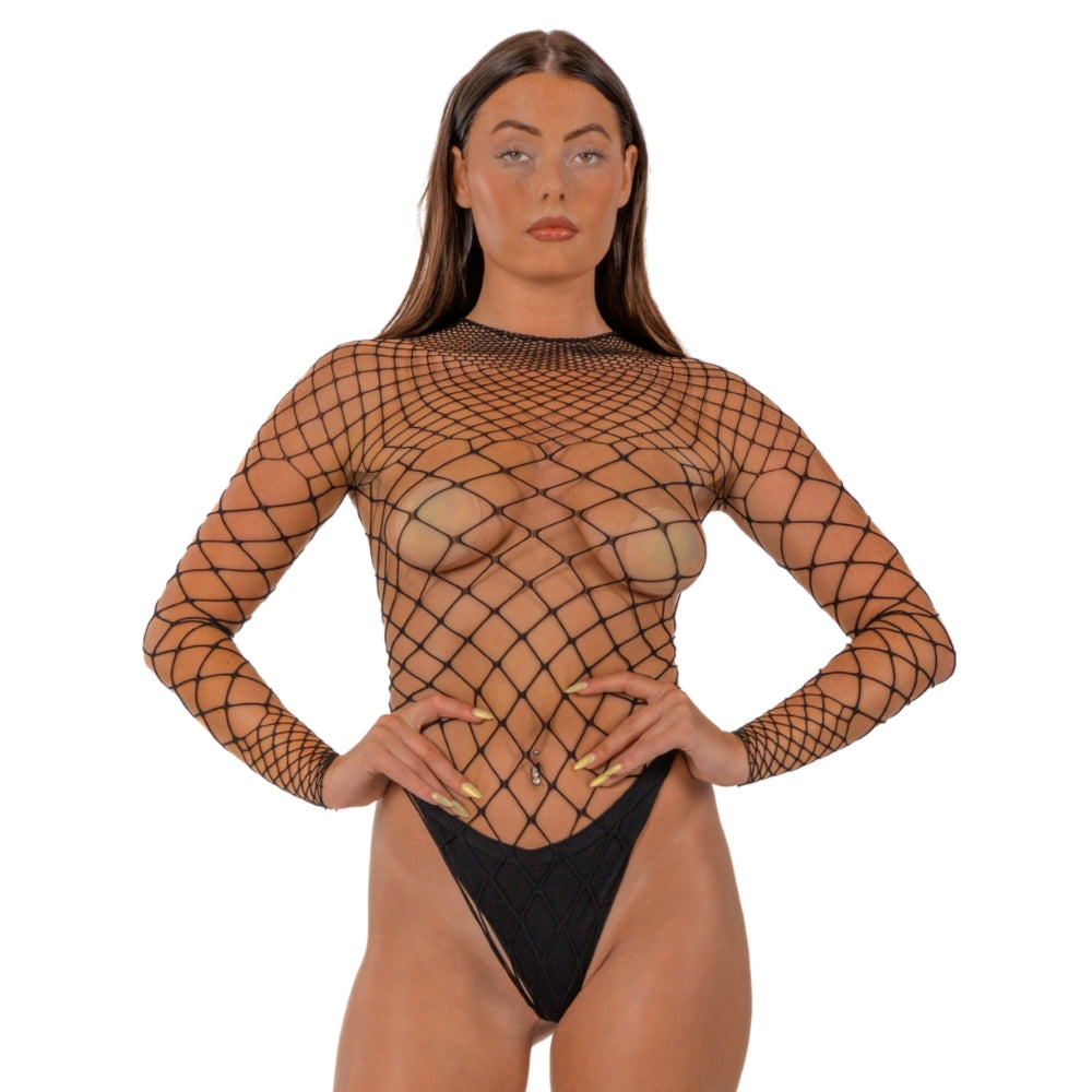 Lace by LJ Fence Net Long Sleeved Thong Bodysuit Black
