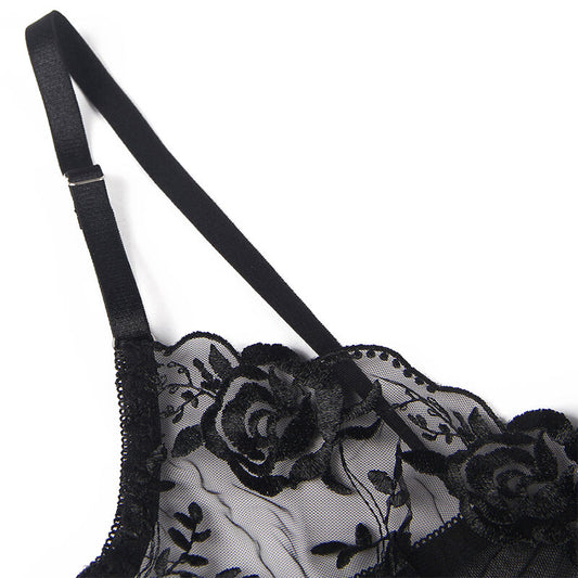 SUBBLIME - SET 3 PEZZI REGGISENO + PERIZOMA + GIARRETTIERA STAMPA FLOREALE NERO L/XL