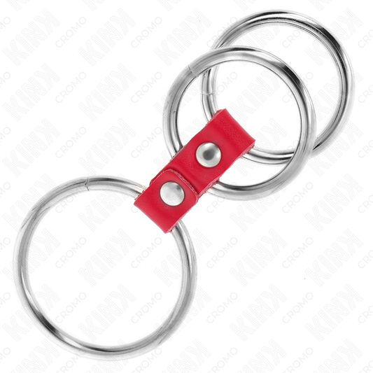 KINK - ANELLO PER PENE IN TRIPLO METALLO DA 3,7 CM A 5 CM COLLEGATO CON PELLE ROSSA