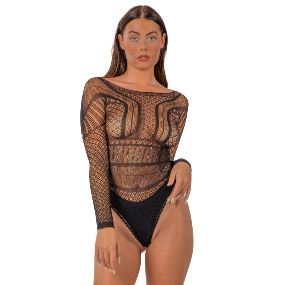 Lace by LJ Seamless Lace Long Sleeved Bodysuit Black