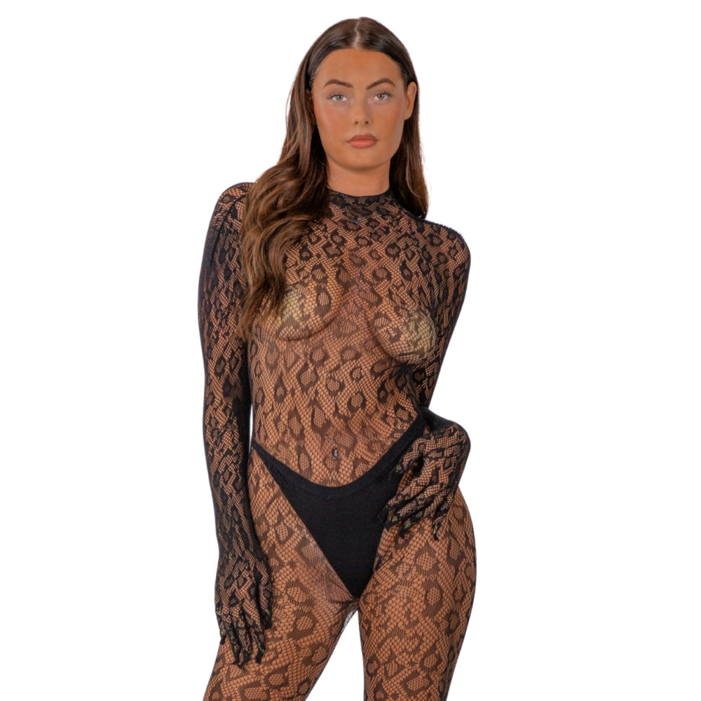 Lace by LJ Gloved Leopard Print Catsuit Black