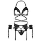 LEG AVENUE - SET QUATTRO PEZZI REGGISENO, G-STRING, REGGALTURA E POLSINI TAGLIA UNICA - NERO