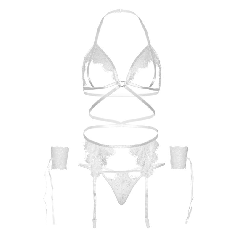 LEG AVENUE - SET QUATTRO PEZZI REGGISENO, G-STRING, REGGISTREE E POLSINI TAGLIA UNICA - BIANCO