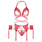 LEG AVENUE - SET QUATTRO PEZZI REGGISENO, G-STRING, REGGISTREE E POLSINI TAGLIA UNICA - ROSSO