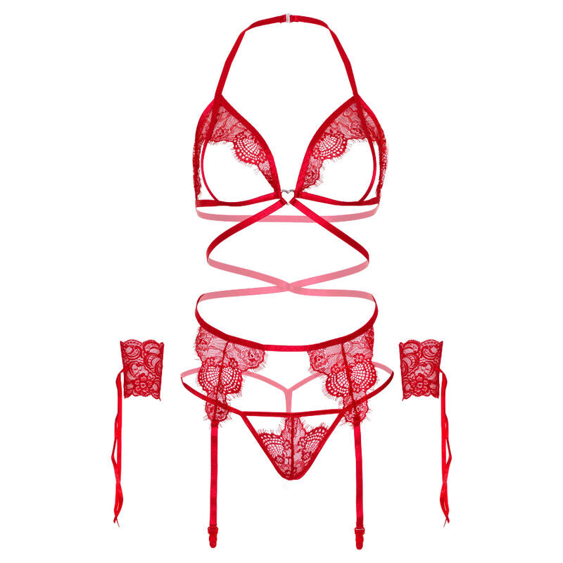 LEG AVENUE - SET QUATTRO PEZZI REGGISENO, G-STRING, REGGISTREE E POLSINI TAGLIA UNICA - ROSSO