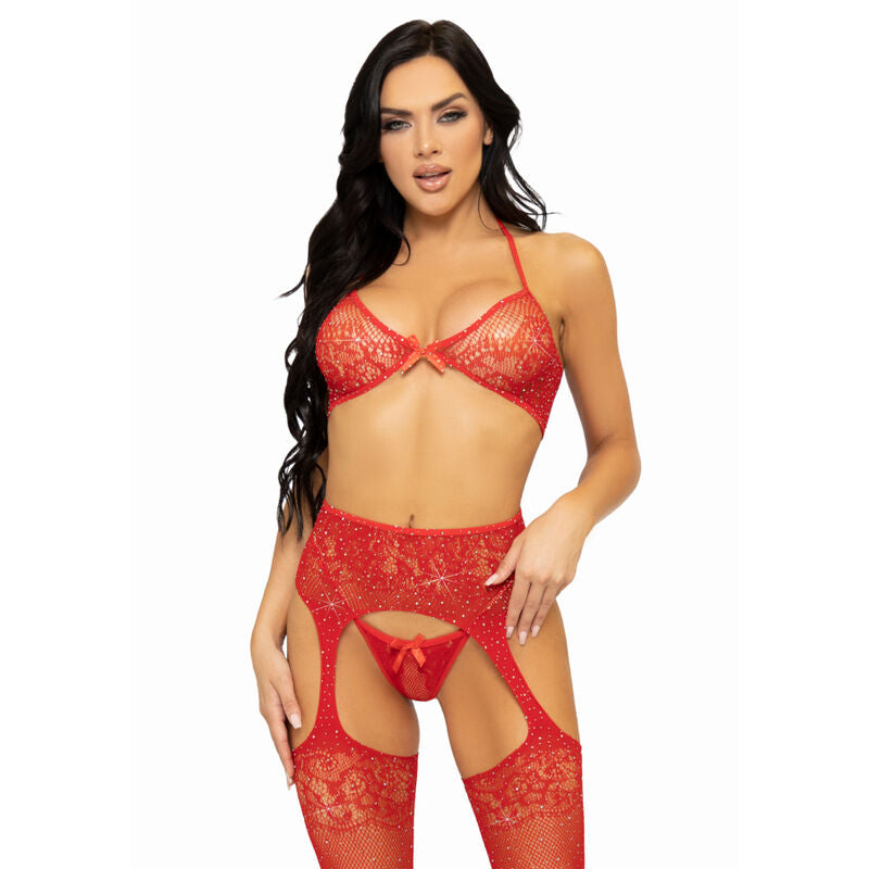 LEG AVENUE - SET TRE PEZZI REGGISENO, PERING E CALZA TAGLIA UNICA - ROSSO