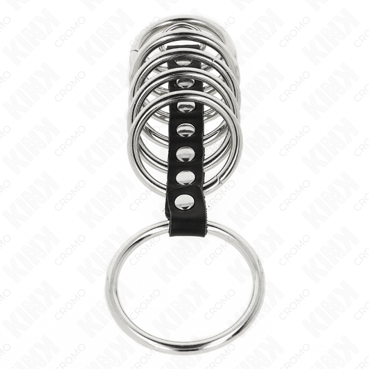 KINK - 7 ANELLI PER PENE IN METALLO DA 3,2 CM A 5 CM COLLEGATI DA PELLE