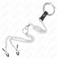 KINK - ANELLO PER PENE IN METALLO CROMATO TRIPLO DA 3,8 CM A 5 CM CON CATENA IN METALLO DA 26 CM E MORSETTI PER CAPEZZOLI MOD1