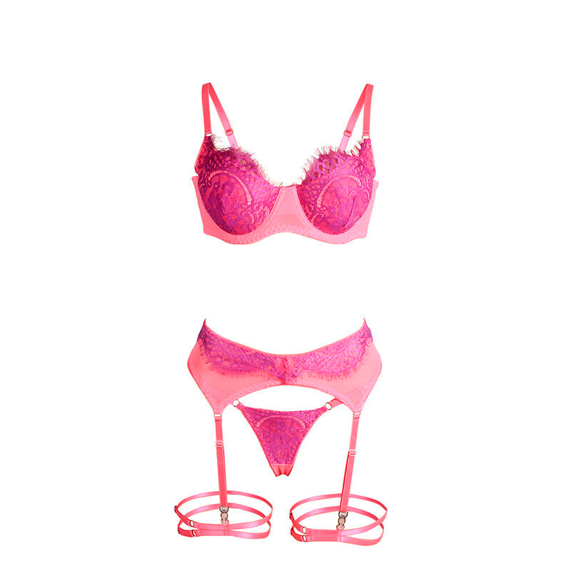 SUBBLIME - 955366 COMPLETO REGGISENO CON PIZZO E LINEE DI GIARRETTIERA ROSA E VIOLA L/XL